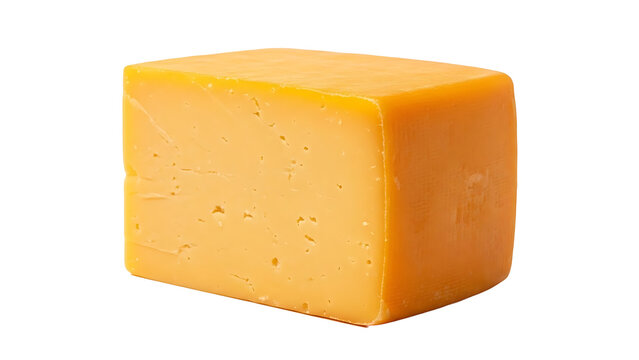 A close-up shot of a single block of cheddar cheese with a distinctive golden color and texture