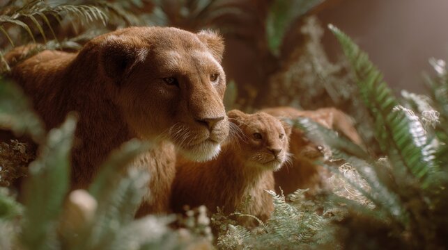 Close-up of a mother lion and her cub in a forest. the mother lion is on the left side of the image, with her head turned towards the camera.