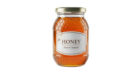A clear glass jar filled with golden honey, featuring a label that reads Honey Pure & Natural. The jar has a hexagonal texture reminiscent of honeycomb and a metallic lid