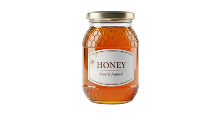 A clear glass jar filled with golden honey, featuring a label that reads Honey Pure & Natural. The jar has a hexagonal texture reminiscent of honeycomb and a metallic lid