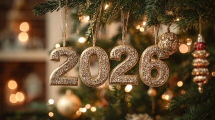 The golden numbers 2026 with glitter and new year's decorations against a background of christmas tree.