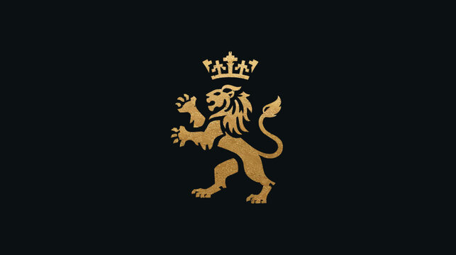 Golden crowned heraldic lion rampant on a dark background, a powerful symbol of royalty, strength, and prestige.