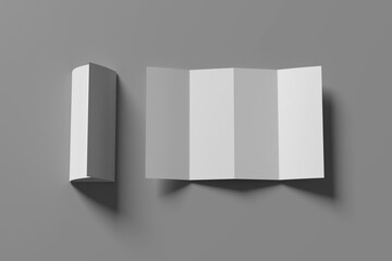 4 fold white empty leaflet mockup in different angles of view. Open trifold blank paper brochure template. Pamphlet with three parts for menu or business presentation. Realistic 3d vector set.