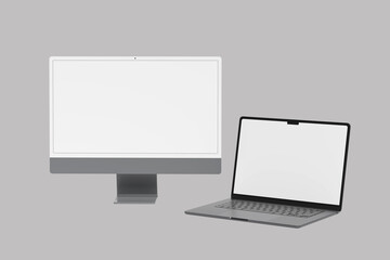 Blank laptop display, digital devices. Digital device laptop screen photo with blank screen isolated on white background and Black desktop monitor mockup in front, back and side angle. Computer blank 