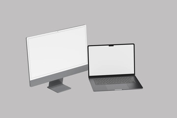 Blank laptop display, digital devices. Digital device laptop screen photo with blank screen isolated on white background and Black desktop monitor mockup in front, back and side angle. Computer blank 