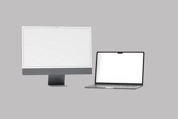 Blank laptop display, digital devices. Digital device laptop screen photo with blank screen isolated on white background and Black desktop monitor mockup in front, back and side angle. Computer blank 
