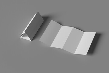 4 fold white empty leaflet mockup in different angles of view. Open trifold blank paper brochure template. Pamphlet with three parts for menu or business presentation. Realistic 3d vector set.