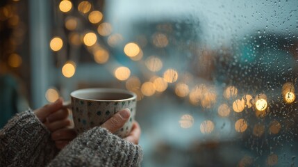 Woman holding a cup of hot coffee near a window with christmas lights.