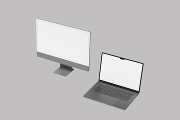 Realistic set of monitor, laptop,  ideal for showcasing user interface, website layouts, app previews, or branding concepts PNG. Vector illustration 