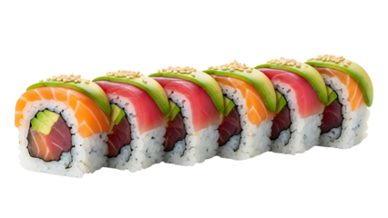 A delicious colorful sushi roll is artfully arranged, ready to be enjoyed. The fresh ingredients include fish, avocado, and rice, creating an enticing culinary experience.