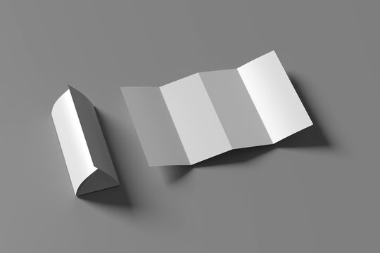 4 fold white empty leaflet mockup in different angles of view. Open trifold blank paper brochure template. Pamphlet with three parts for menu or business presentation. Realistic 3d vector set.