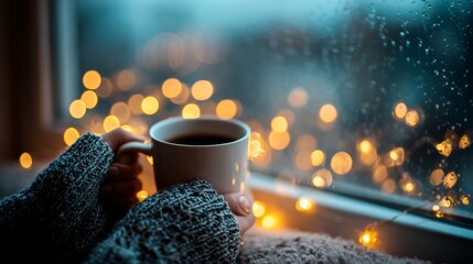 Woman holding a cup of hot coffee near a window with christmas lights.