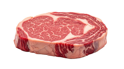 A close-up view of a raw ribeye steak, showcasing its rich marbling and fresh appearance. It appears juicy and ready for cooking