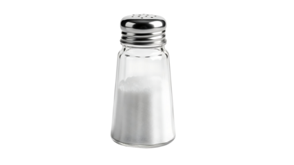 A salt shaker filled with salt. The glass container reflects the light