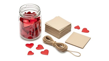 A glass jar filled with red heart shaped paper pieces along with crafting supplies high quality professional