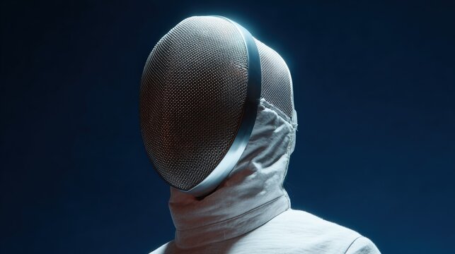 Person wearing a fencing mask. the mask is made of a mesh-like material and has a round shape with a pointed top.