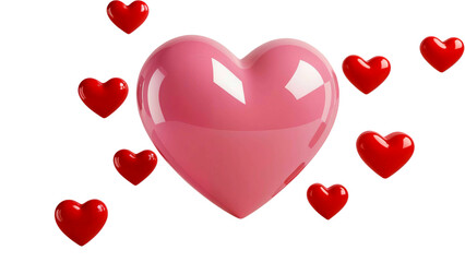 glossy 3D hearts, with one large pink heart centered among smaller red hearts on a black background. 