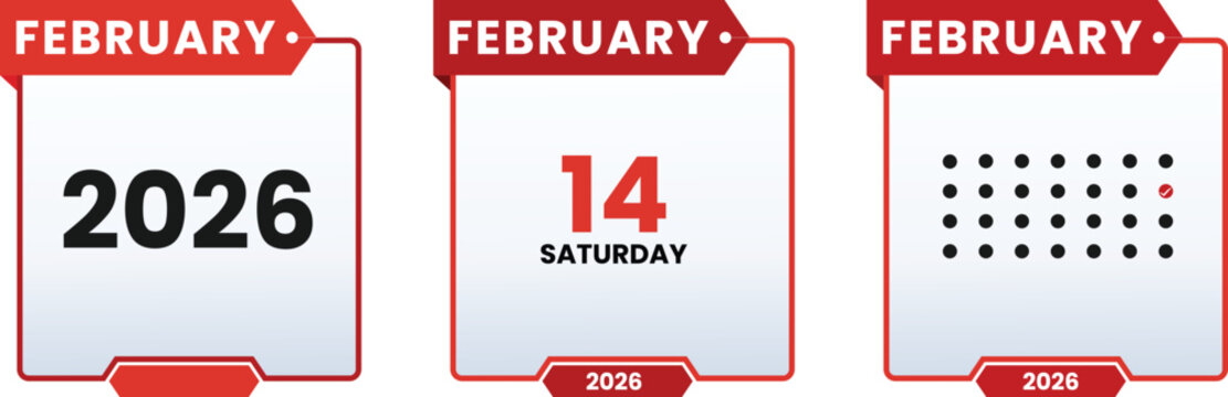 February 14 Saturday 2026 calendar icon set vector illustrator. Schedule date, appointment, month, week, agenda,valentine. Checklist day calendar.
