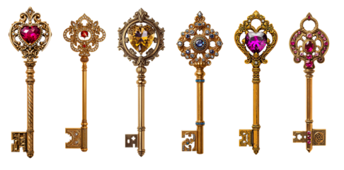 Antique vintage key with heart-shaped gemstone isolated on transparent background