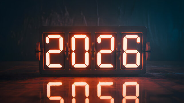 Digital Clock Displaying 2026 in Red LED Numbers with Futuristic Countdown Timer in Dark Room for New Year Countdown - Powered by Adobe