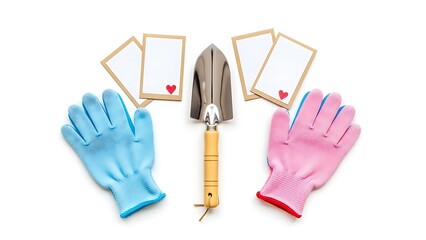 A charming gardening setup with blue and pink gloves a trowel and blank plant labels high quality