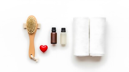 A serene spa arrangement features a wooden brush rolled towels oils and a heart on white