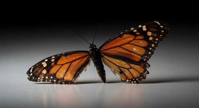 Delicate monarch butterfly wings severely damaged by heat and fire, showing dark scorch marks and fragility on a stark surface ,disintegration ,texture ,stark