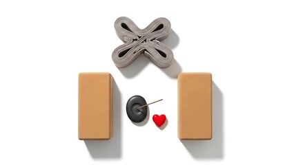A minimalist arrangement featuring building blocks a pin a heart and a flower shaped object high quality