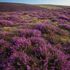 Vibrant purple heather blooming across the rugged heathland landscape under the bright summer sun on a warm afternoon. The wild flowers cover the rolling hills, sunlight, peaceful, summer
