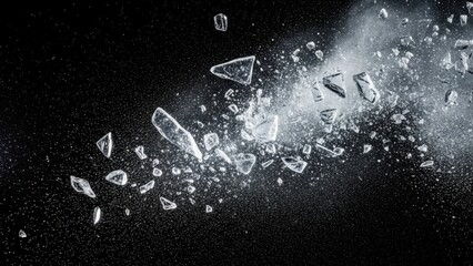 Shattered glass exploding in dramatic motion against dark background