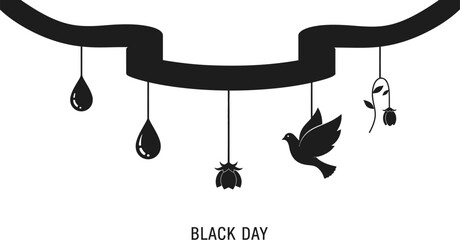 Solemn black banner design featuring hanging teardrops, a mourning dove, and floral elements symbolizing remembrance for a significant occasion or black day.