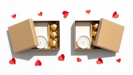 Two open gift boxes containing candles and golden chocolates surrounded by scattered red heart shapes on