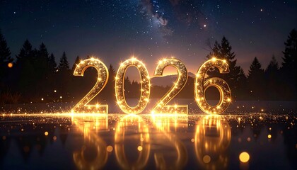 "Glittering golden 2026 numerals glowing on dark background with festive reflection effect."
