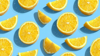 Fototapeta premium A vibrant pattern features sliced oranges and orange segments scattered across a light blue background. The shadows are consistent