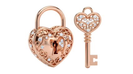 Heart shaped lock and key isolated on transparent background