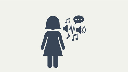Woman speaking with sound waves and musical notes emanating from her mouth, representing communication and expression.