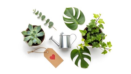 A charming overhead view showcasing potted plants a small watering can and a heart shaped tag