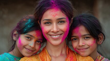 Portrait of a young woman with two young girls. the woman is in the center of the image, smiling at the camera. she is wearing a traditional indian outfit and has her hair tied up in a bun.