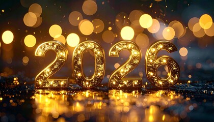 "Glittering golden 2026 numerals glowing on dark background with festive reflection effect."