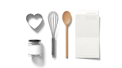 A flat lay showcasing baking tools a wooden spoon and a recipe card on a white