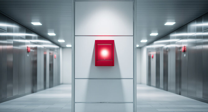 Red Fire Alarm Box on Office Hallway Wall with Modern Interior Emergency Lighting