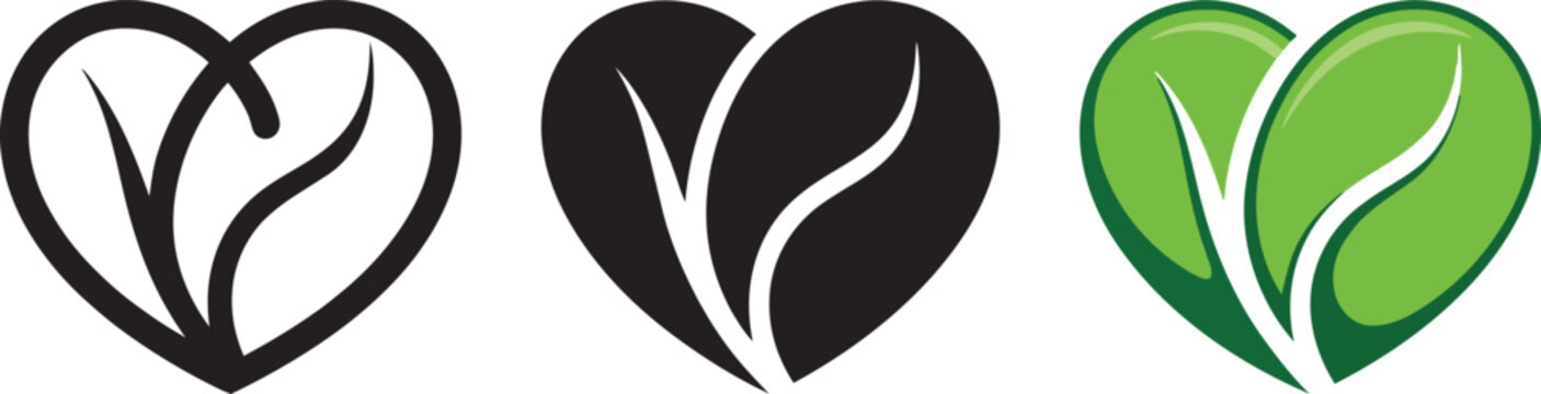 Heart shaped leaf icons in outline solid black and green colors representing nature and health