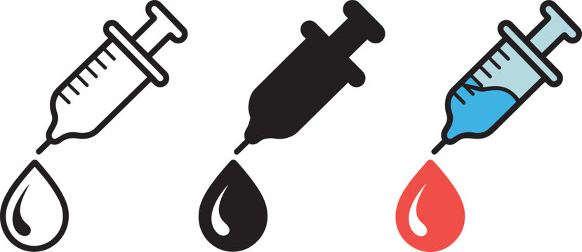 Set of three syringe icons with drops representing medical care vaccination and science research