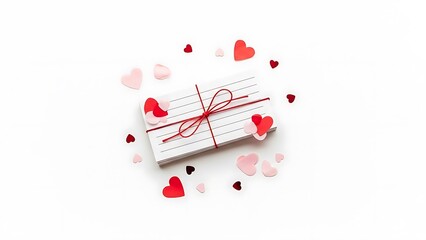 A white gift with a red ribbon is surrounded by scattered heart shapes on a white