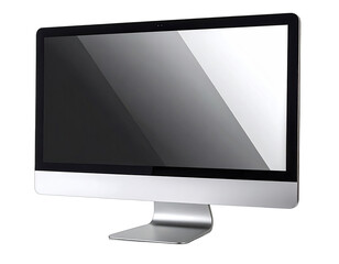 Fototapeta premium Modern, sleek desktop computer featuring a large screen, silver stand, and minimalist design