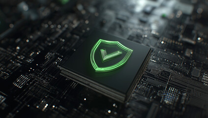 Glowing Green Shield with Checkmark Over Circuit Board Symbolizing 