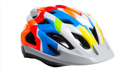 Fototapeta premium Bright and cheerful colored children's bicycle helmet on a white background.