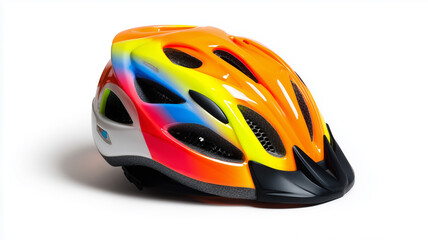 Bright and cheerful colored children's bicycle helmet on a white background.