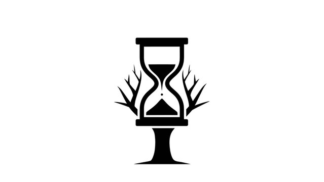 Hourglass with sand flowing, symbolizing the passage of time and the concept of mortality, with tree branches emerging from its base.