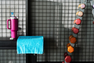 Small Dumbbells on Rack with Blue Towel and Pink Thermos Photo